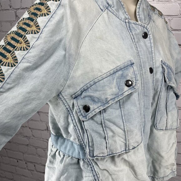 Free People Blue Linen Cotton Embroidered Stud Sleeve Light Jacket XS *stained - Picture 13 of 16